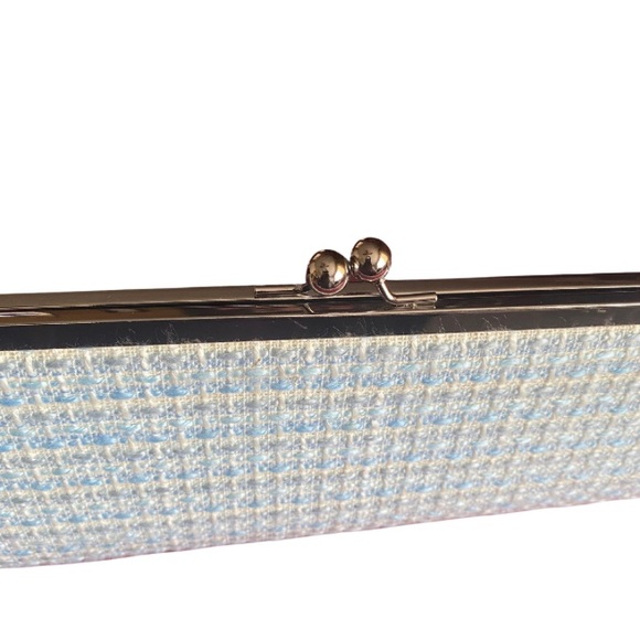 Pastel Blue/Cream Tweed Clutch with Removable Silver Rhinestone Flower Brooch - Picture 6 of 7